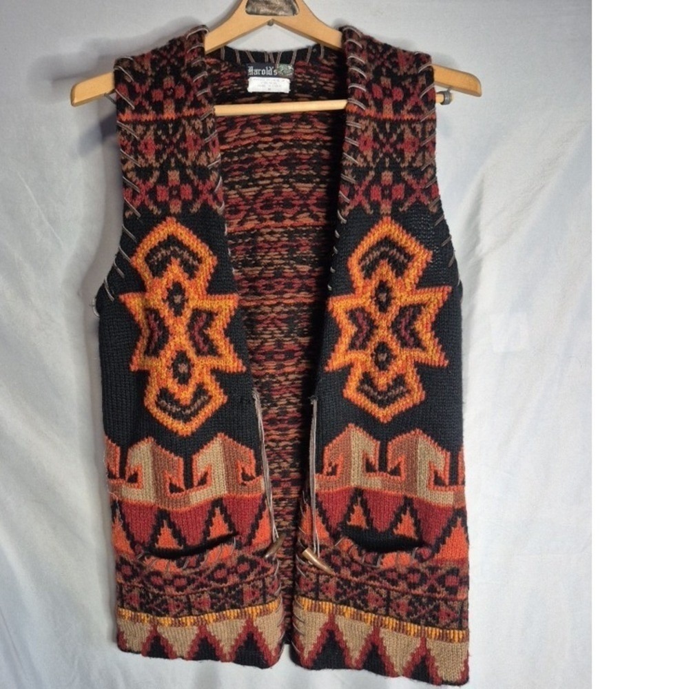 Mens Harold's Wool Knit Hand Made Aztec Southwestern Vest Medium